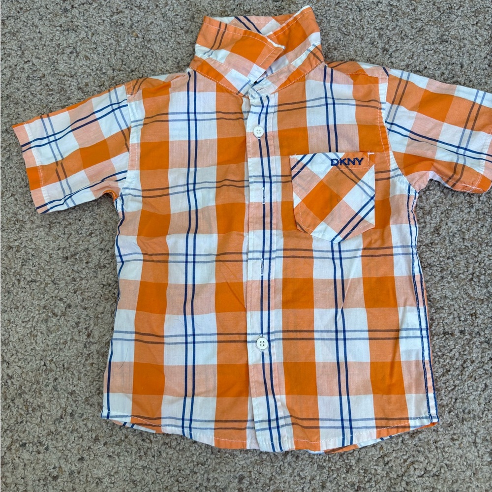 DKNY Baby Boy 18 Months Plaid Dress Shirt Short Sleeve Orange White Blue